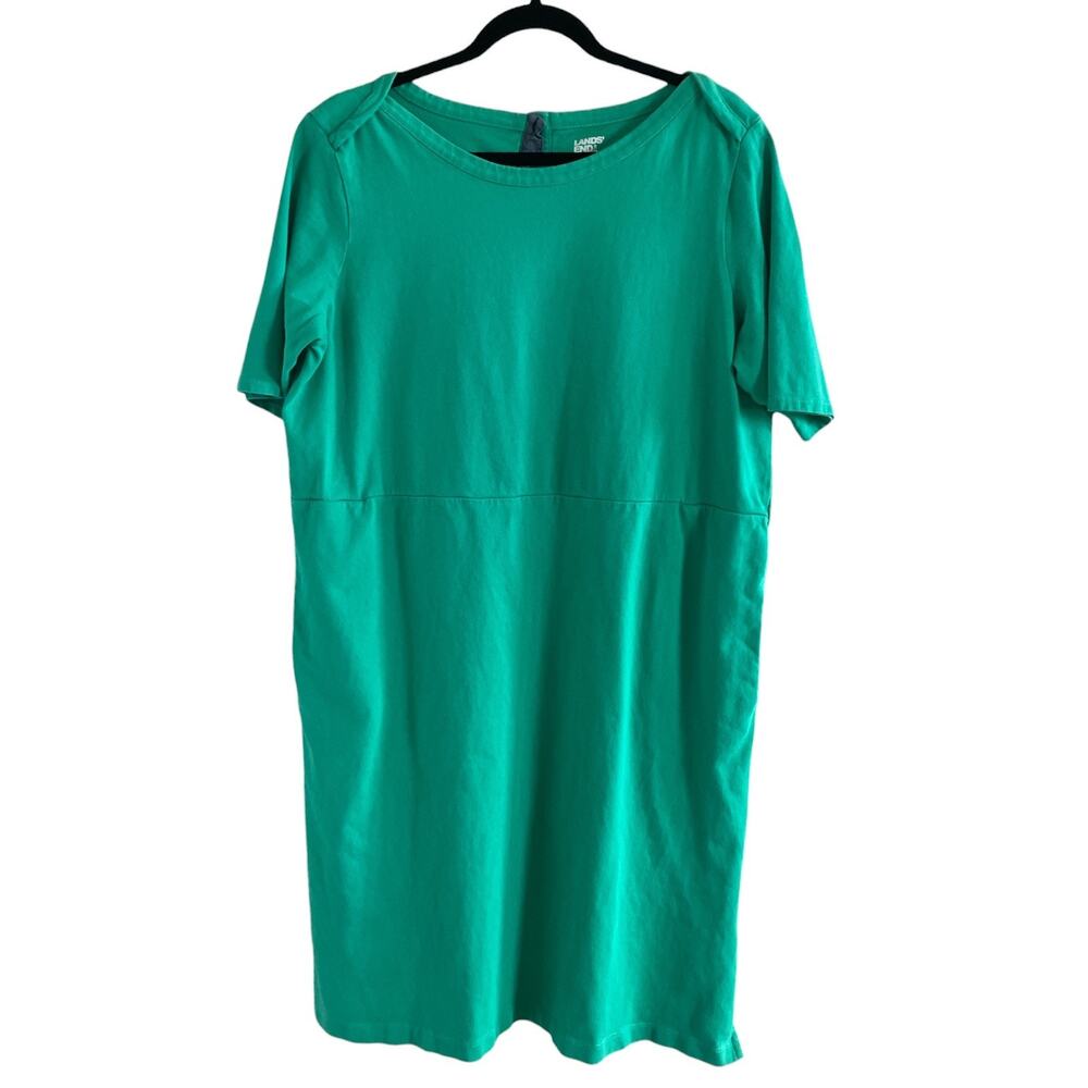 Lands' End Womens T-shirt Dress 100% Cotton Size L Green Pockets Casual Comfy